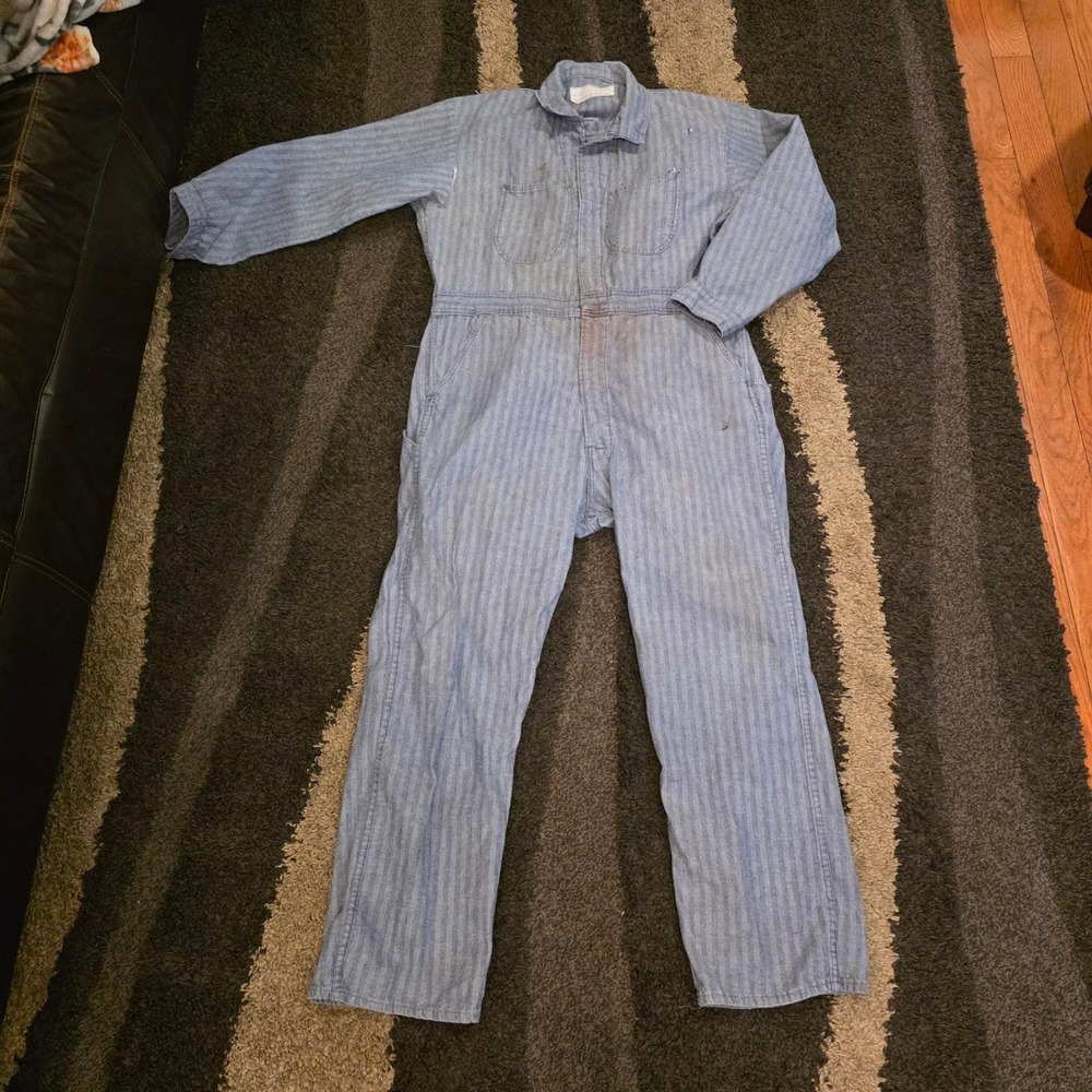 Union Made Coveralls 46 Blue Herringbone Denim Cotton Button‎ Front USA Workwear